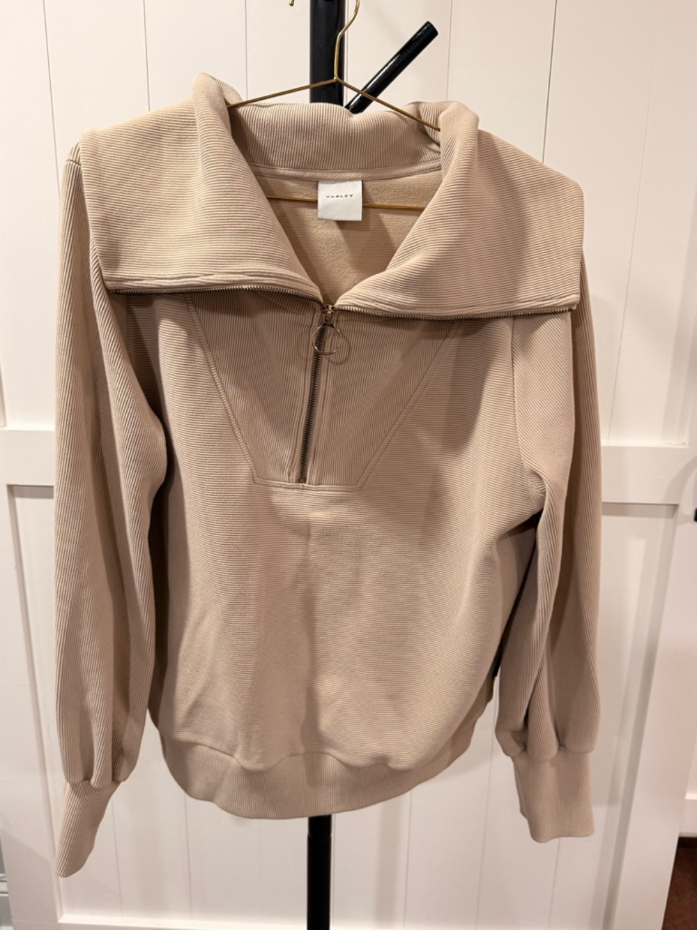 Varley Beige Half-Zip Ribbed Funnel-Neck Pullover